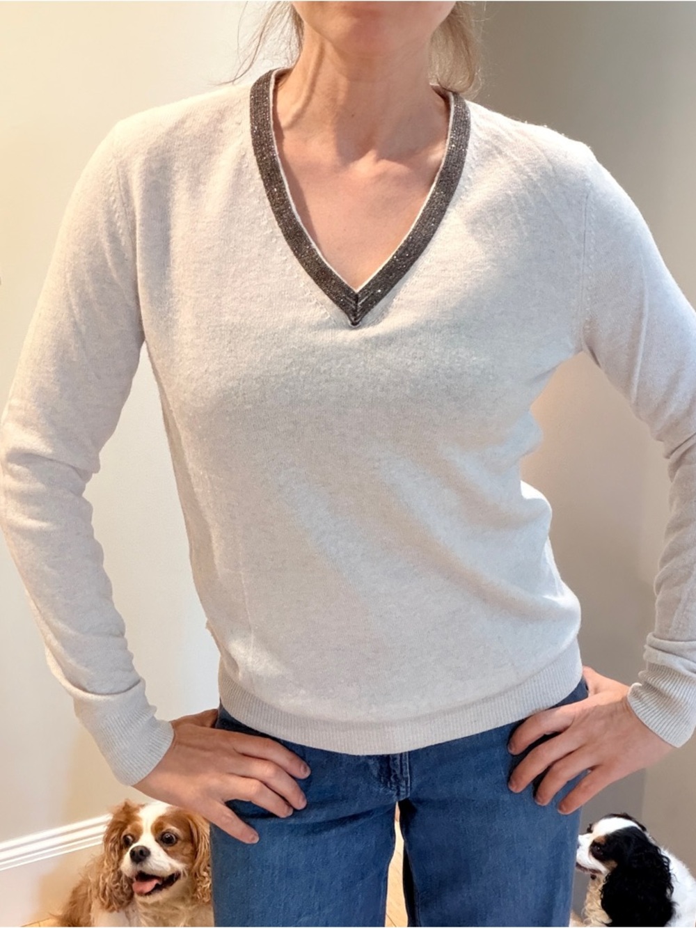 Reiss light gray V-Neck Sweater with Metallic-Trim Neckline
